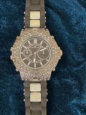 Montres Carlo Crystal-Embellished Black Dial Watch
